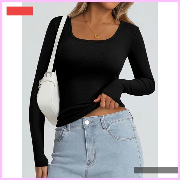 Ribbed Scoop Neck Long Sleeve Tee Basic Top Women's Fall Fashion - Picture 3 of 4